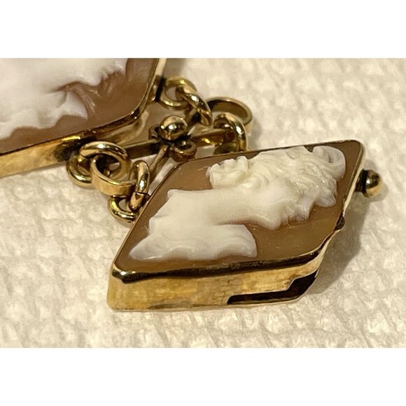 14K Gold Carved Shell Cameo Bracelet 6" With Geometric Diamond Design - Picture 15 of 16